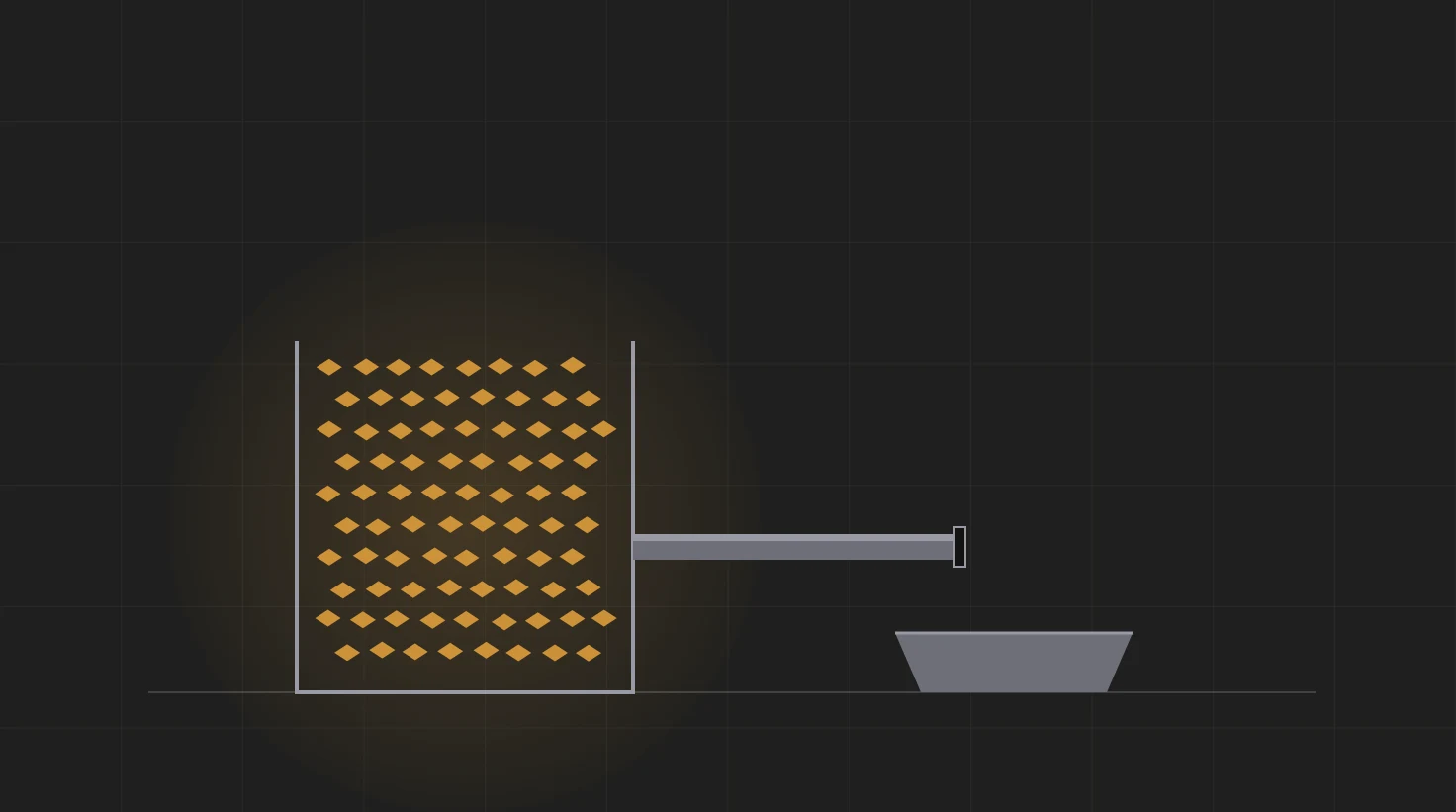 A tank filled to the brim with glowing amber shards, its outlet pipe dry and ending above a completely empty basin.